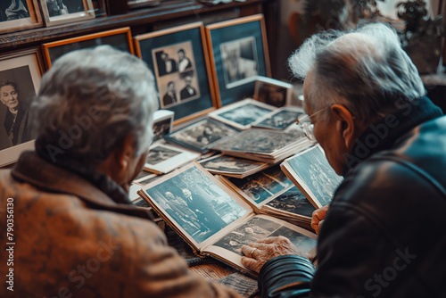 Mature women viewing family albums, evoking nostalgia and historical family connections. Suitable for articles on genealogy, memory, and family heritage.