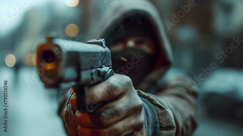 Mann in Kapuzenjacke schießt mit Waffe, Konzept Kriminalität, Überfall, Verschärfung Waffengesetz