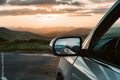 Wing mirror reflects a stunning panoramic view of the landscape