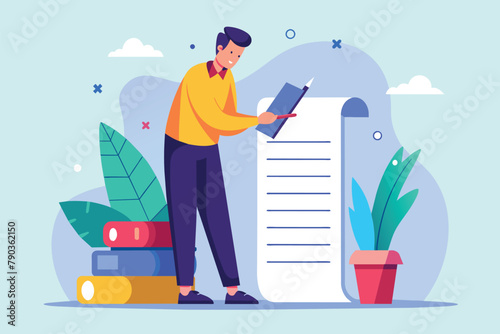 Man standing next to large sheet of paper, filling out list column, A man is filling out a list column, Simple and minimalist flat Vector Illustration