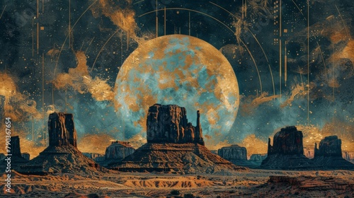 art deco painting with monument valley moon in background, in blue and gold 