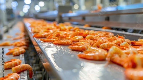 Seafood factory conveyor belt with prawns - A seafood factory's conveyor belt strategizes the placement of prawns, exemplifying the seafood processing industry