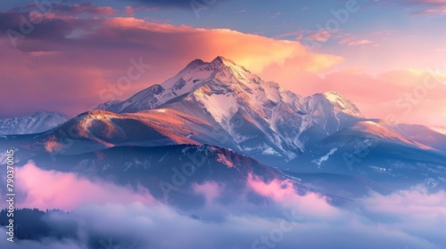 Spectacular mountain sunrise: The first light of dawn paints the sky in hues of pink and orange, illuminating mist-shrouded peaks.