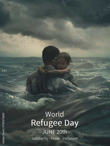 A father’s embrace becomes a life raft in the midst of a churning sea, under a brooding sky that mirrors the uncertainty of a refugee's harrowing voyage.