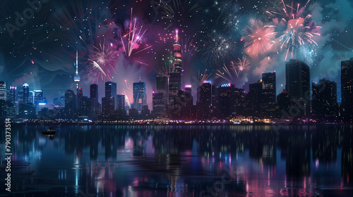 fireworks illuminating the night sky over a city skyline