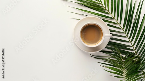 Isolated Cycad palm tree with coffee cup on light background Space for text