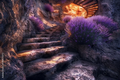 Rugged Stairs Carved into a Cave with Lavender Art Gallery, Bathed in the Light of Flare Illumination