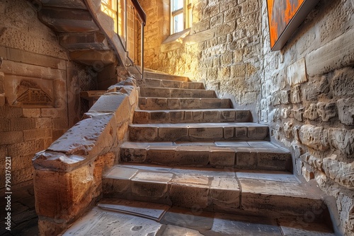 Rustic Stone Stairs in Medieval Castle with Burnt Orange Art Gallery, Under Natural Morning Light