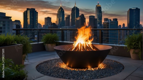 Rooftop terrace with firepit and city view