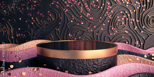 Gilded Opulence: Luxe Bronze Podium on Art Deco-Inspired Textured Background with Rose Gold Accents - An Exquisite Presentation for Premium Products and Exclusive Events