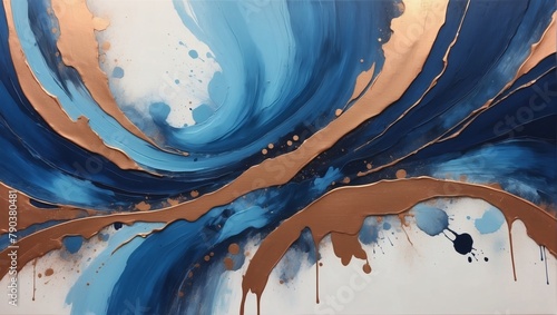 Luxury acrylic painting made with brush stroke, abstract hand-drawn art, textured background with indigo and copper accent.