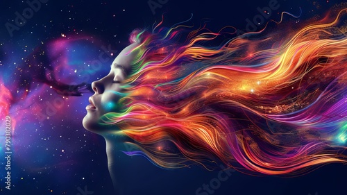 Vivid Cosmic Woman with Colorful Hair, Portrait in Square Format