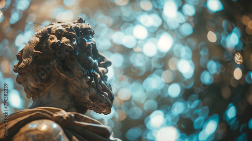 A statue of a philosopher in front of a blurred planetarium display, symbolizing reflections on astronomy and the universe. , natural light, soft shadows, with copy space, blurred