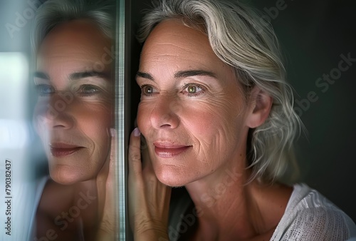 older woman looking in the bathroom mirror while looking at her own face