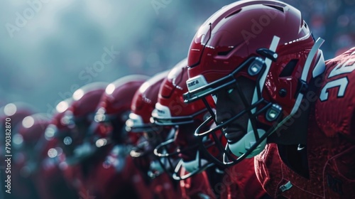 Intense American Football Team Players in Red Helmets Lined Up