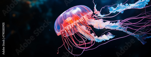 Ethereal Jellyfish with Pink and Blue Tones in Dark Ocean