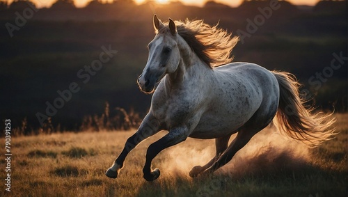Elegant horse with a long flowing mane running across a wide open field