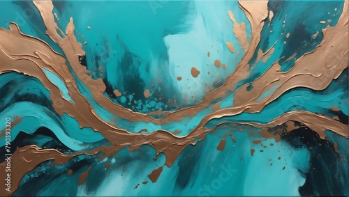 Luxury acrylic painting made with brush stroke, abstract hand-drawn art, textured background with turquoise and bronze accent.