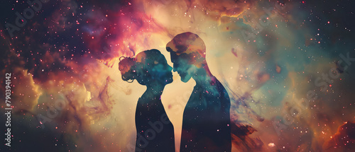 Silhouette love against a cosmic nebula backdrop