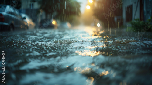 Water flooding a city street, captured to show the impact of extreme rainfall and flash flooding. , natural light, soft shadows, with copy space, blurred background