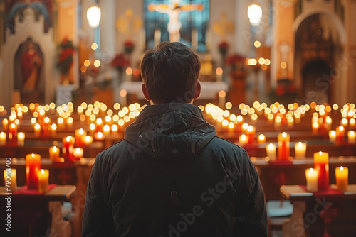 Worshipper among glowing candles