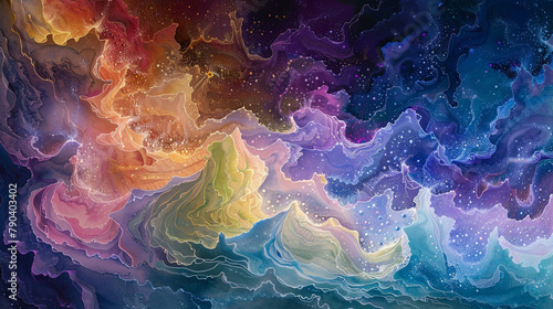 Transcendent realms materialize as abstract watercolor waves embrace the crystalline shores of a celestial sea, reflecting the boundless depths of cosmic imagination. 