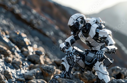 Advanced Humanoid Robot Exploring a Rocky Landscape in a High-Tech Suit