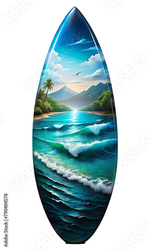 A surfboard stands vertically, featuring a vibrant scene with ocean waves,