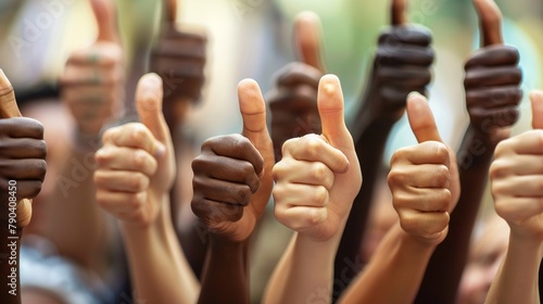 A group of diverse hands raising thumbs up, thumbs down, and neutral signs, a direct representation of varied public opinion, inclusive and representative