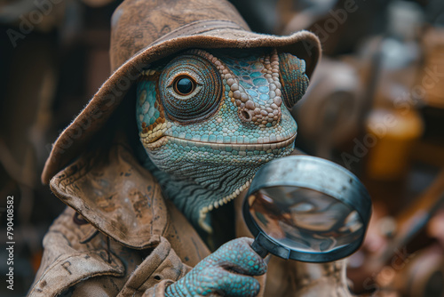 A chameleon disguised as a detective, wearing a trench coat and fedora, sleuthing through the city streets with a magnifying glass in search of clues to solve a mysterious case. Generative Ai.