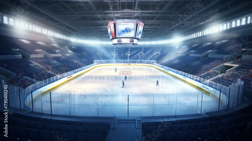 Ice hockey arena with skates and players. 3d rendering.