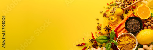 Ayurvedic Diet web banner. Ayurvedic diet isolated on yellow background with copy space.