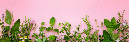 Healing herbs web banner. Healing herbs isolated on pink background with space for text.