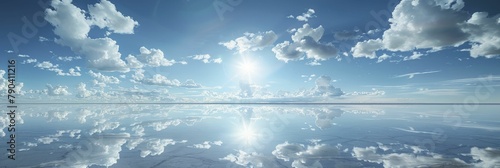 Endless salt flat stretches under the scorching sun, reflecting the sky like a flawless mirror.