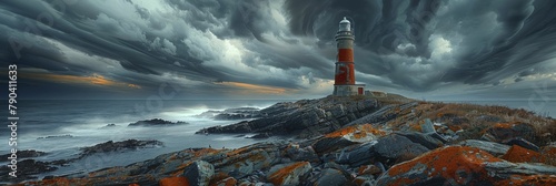 The lonely lighthouse stands resilient on the desolate rocky shore amidst the raging storm above.