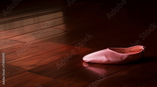 A Pale Pink Ballet Slipper Positioned on a Dark Mahogany Dance Floor