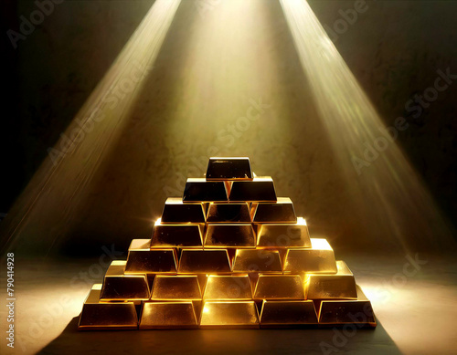 ピラミッド状に積み上げられた金の延べ棒とスポットライト