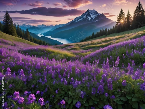 Amazing panorama landscape of a field purple at sunset in the mountains