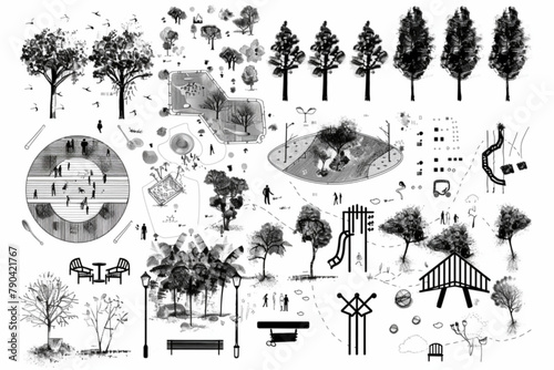 Architectural Drawings, people plan vector in park out door illustration, top view, Minimal style hand drawn, set elements for architecture and landscape design. Sections, Elevations, Floor Plans. vec