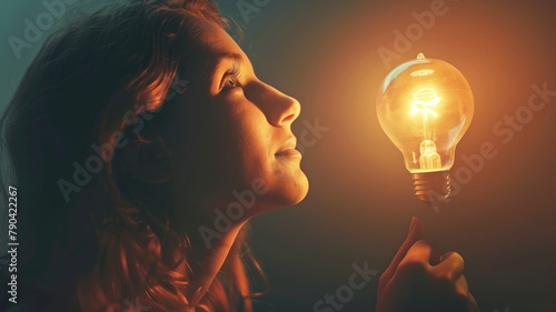 Woman with illuminated light bulb symbolizing idea or inspiration