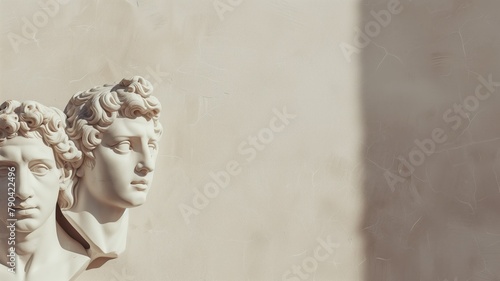 Two classical bust sculptures against textured background with shadow
