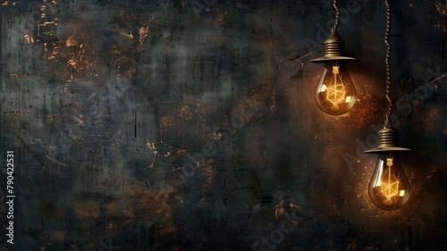 Vintage light bulbs hanging against rugged, dark, textured wall with visible rust