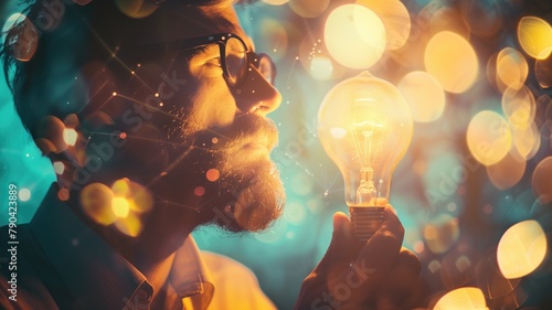 Person holding light bulb with vivid bokeh lights and digital overlay
