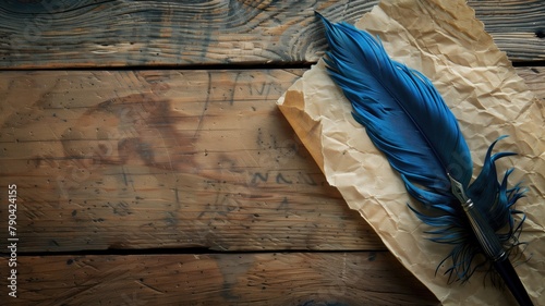 Blue feather quill on old parchment paper with ink stains over rustic wooden table