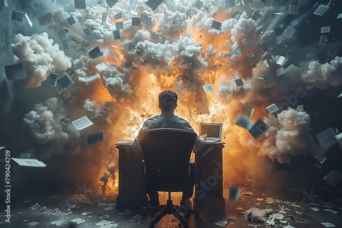 The back view of a man at a desk in the midst of an explosive chaos, conveying intense work pressure