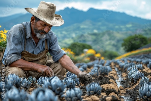 An agricultural worker expertly handles young agave crops in a field, with a serene mountain landscape stretching in the background