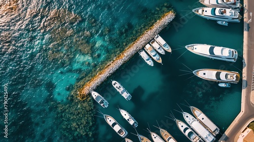 An aerial topdown view of a yacht club with a long jetty jutting out into the harbor Sleek yachts, gleaming white in the sun, are docked alongside, resembling a collection of precious jewels nestled b