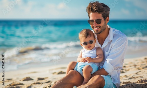 father's day. Dad and baby son playing together outdoors on a summer beach