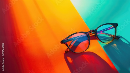 Eyeglasses with reflective lenses on dual-toned background