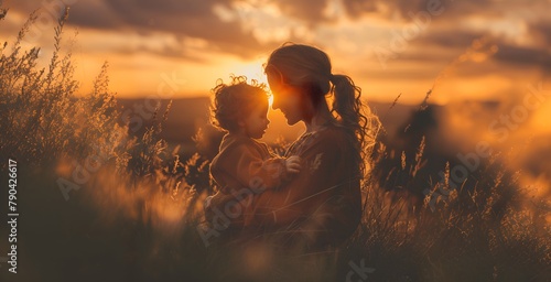 Person with Child in Field at Sunset